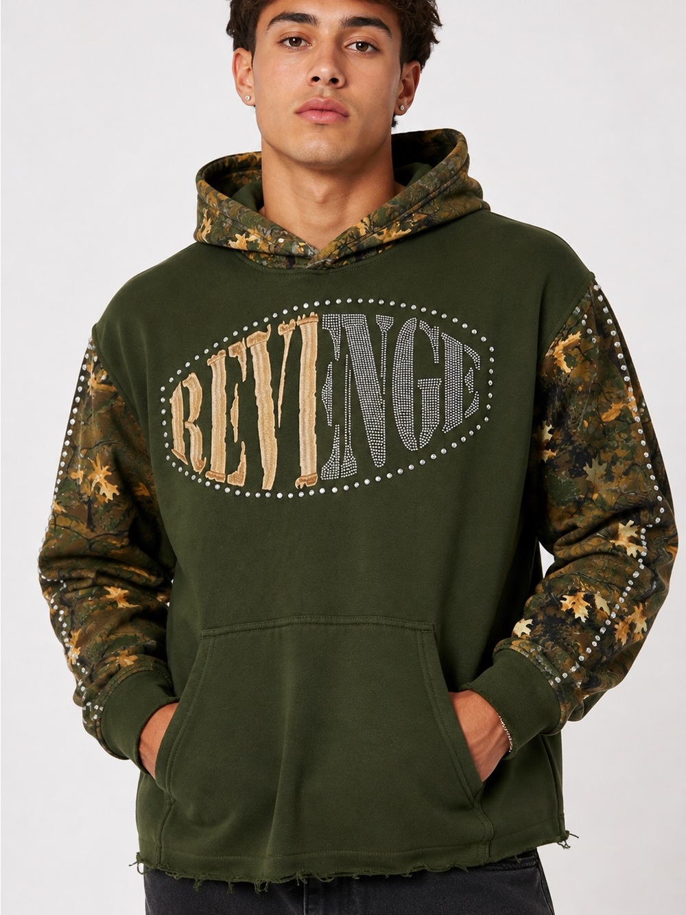 Copper Rivet Revenge Camo Rhinestone Hoodie Olive Green Size Small NWT